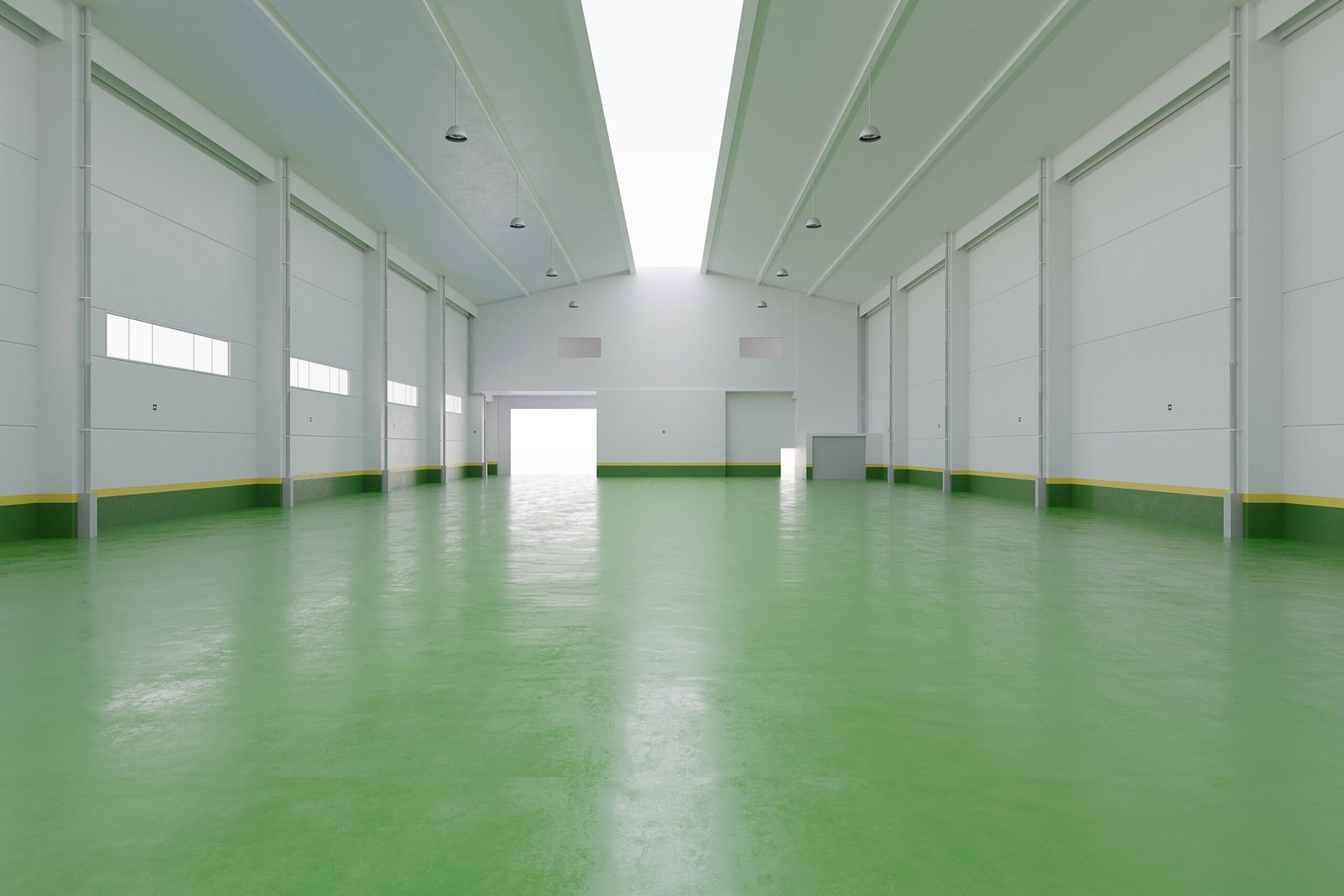 Bright green painted floor in a spacious industrial warehouse.